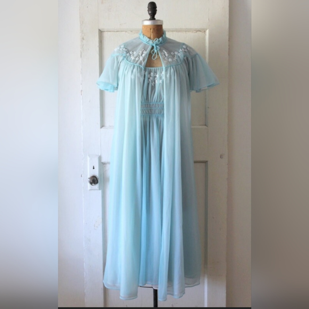 Vintage 1950s Blue Nylon Peignoir Set / 50s Beaded Nightgown and Robe Lingerie /